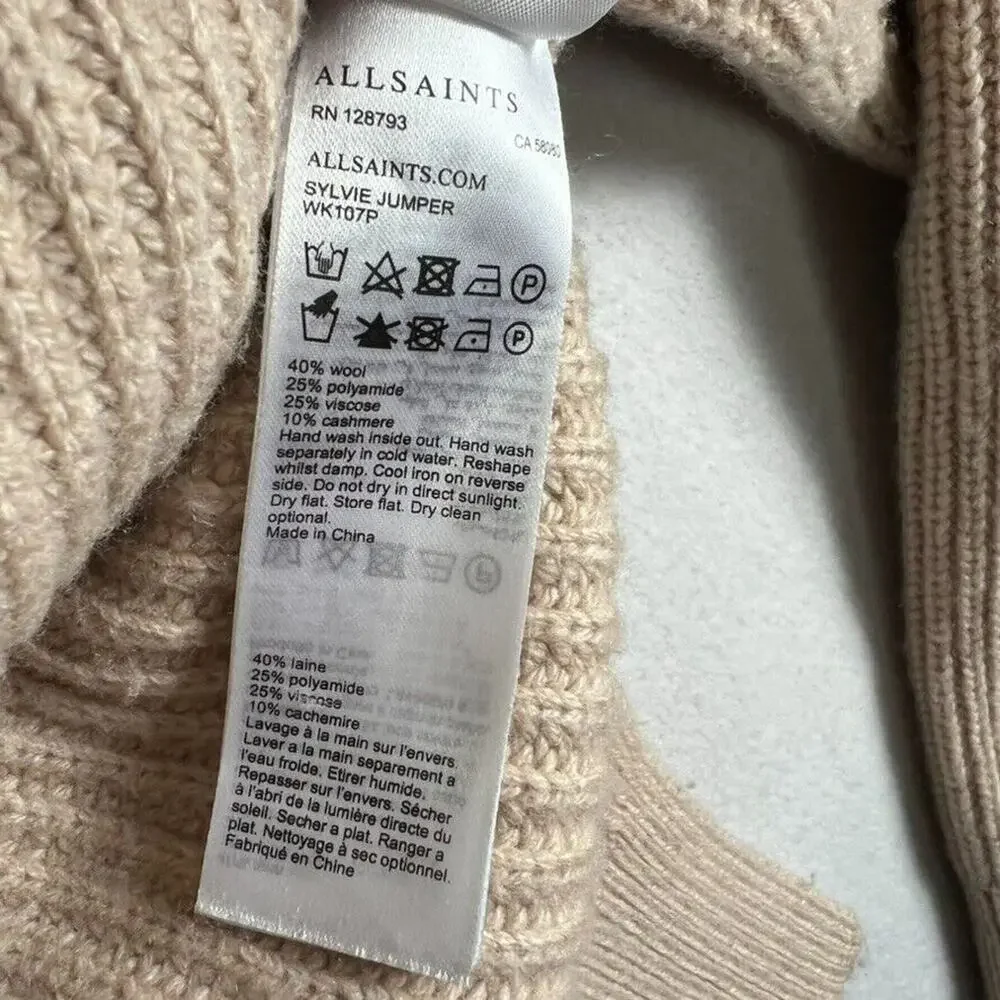 AllSaints Sweater Womens Small Sylvie Crewneck in Nude Pink Chunky Wool Cashmere